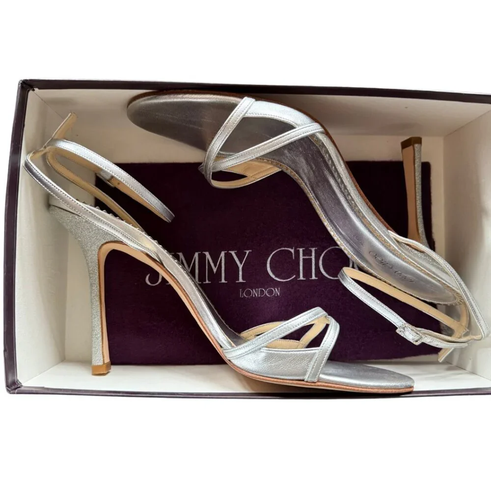 Jimmy Choo Cruise Collection Gloria Silver Ankle Strap Glitter Heels Eu Size 41